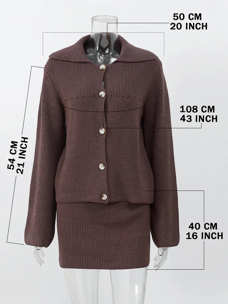 Lunivop Women's Knitted Suit Lapel Flare Sleeve Cardigan Skirt Autumn Winter New Fashion Solid Slim Female Sweater Two Piece Sets
