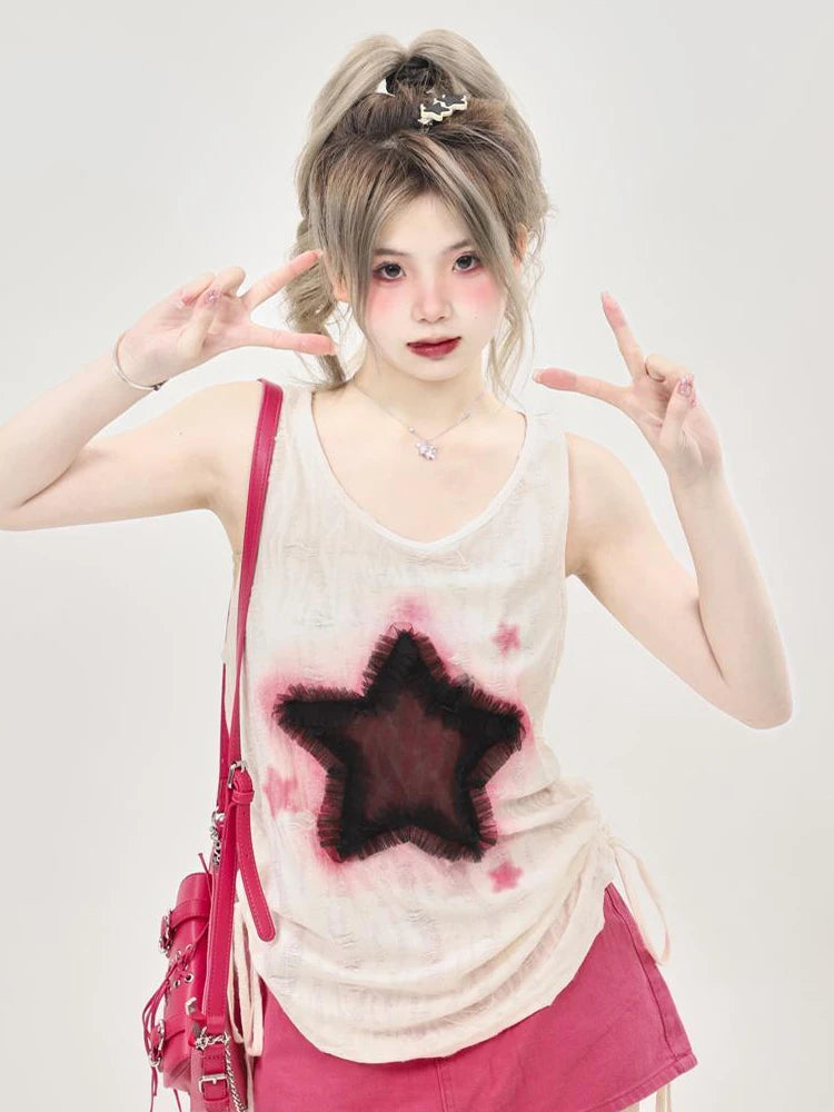 Lunivop  Hole Retro Y2K Tanks Women Streetwear Loose Star Print Harajuku Tanks American Hip Hop V Neck Shirring Gothic Tops Summer