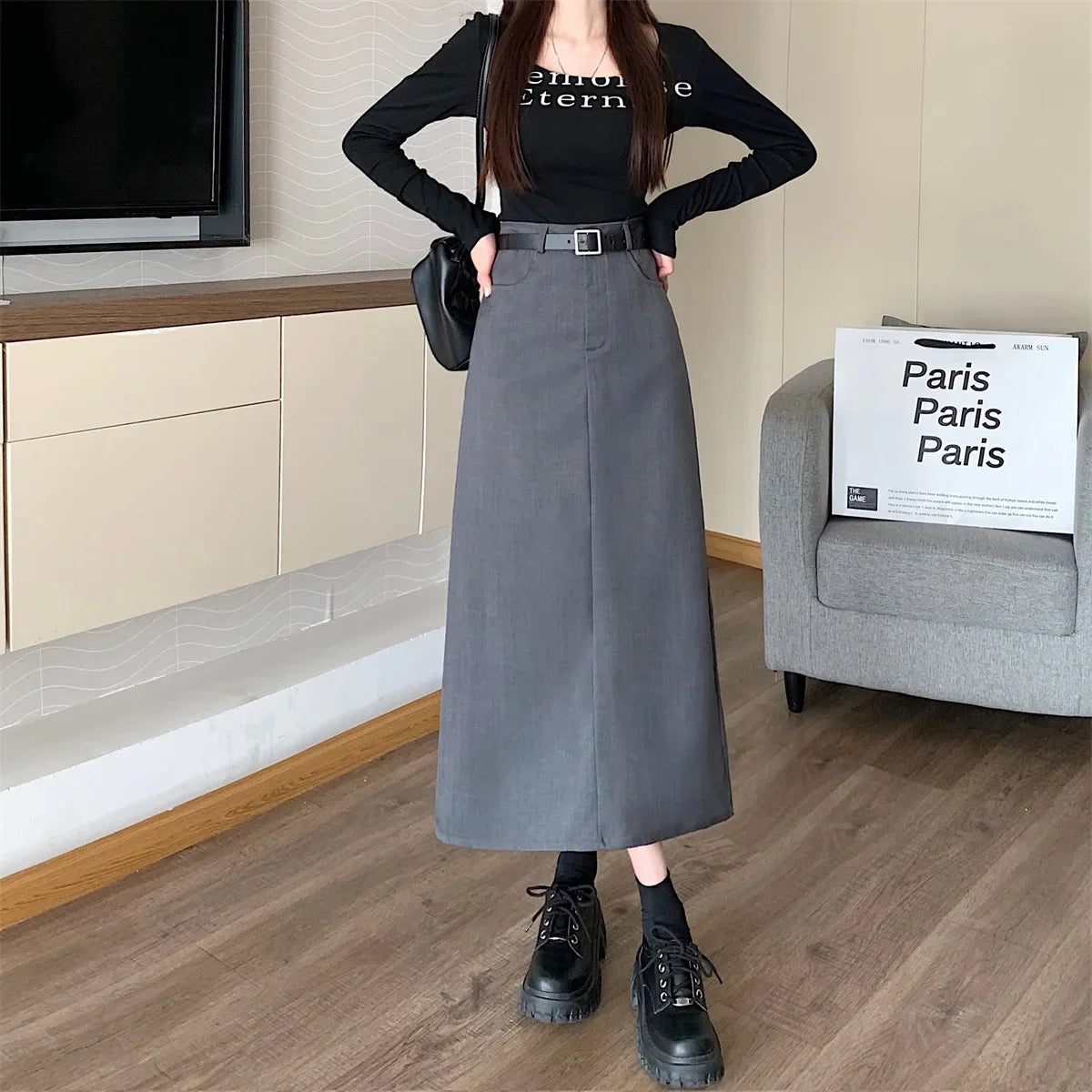 Lunivop High-waisted Slimming Skirt Greysuit Women's Lightweight Casual A- line Medium-length Dress