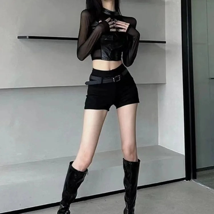 Lunivop  Sexy Crop Top Black Leather T-shirts Autumn New Slim Fit Tee Shirt Y2k E-Girl Long Sleeve Mesh Tops Women