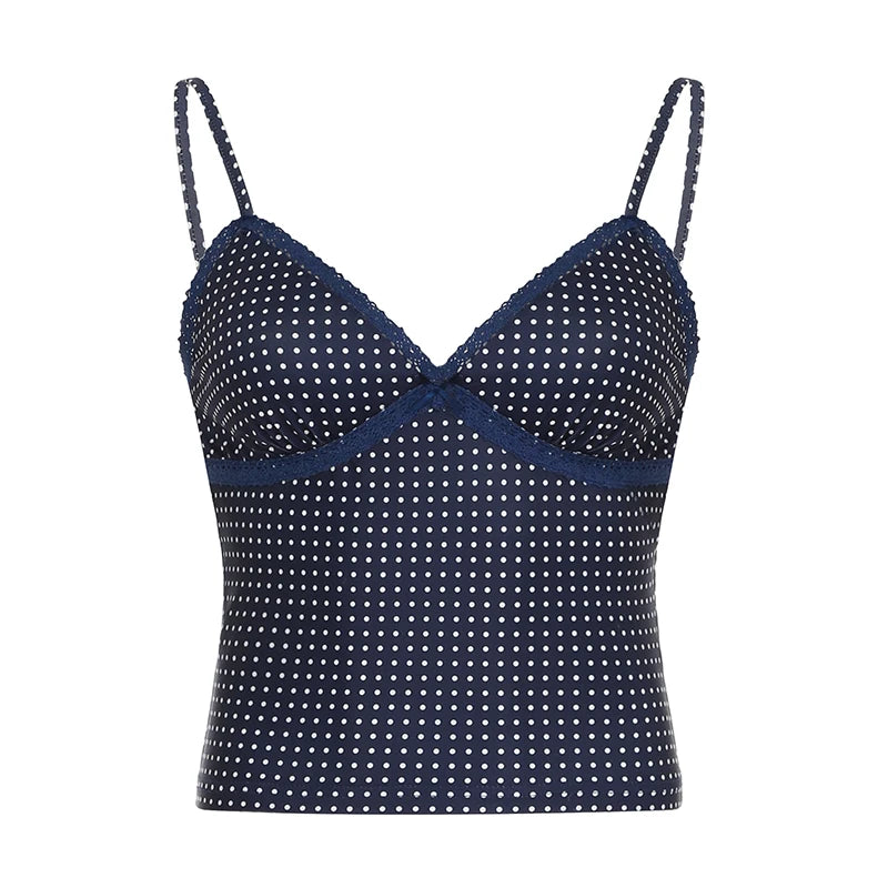Lunivop  y2k Polka Dot Crop Top Casual Lace Stitching Sleeveless Skinny Strap Tops Women Basic Camisole Streetwear Tees Aesthetic