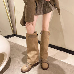 Lunivop Fashion Vintage Autumn Winter Soft Trouser Leg Boots Women Shoes Designer Buckle Chunky High Heels Slip on Knee High Boots