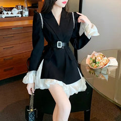 Lunivop  Elegant Vintage Diamond Slim Fit Long Sleeve Black Coat Women+ High Waist Patchwork Skirts Early Autum New Two Piece Sets