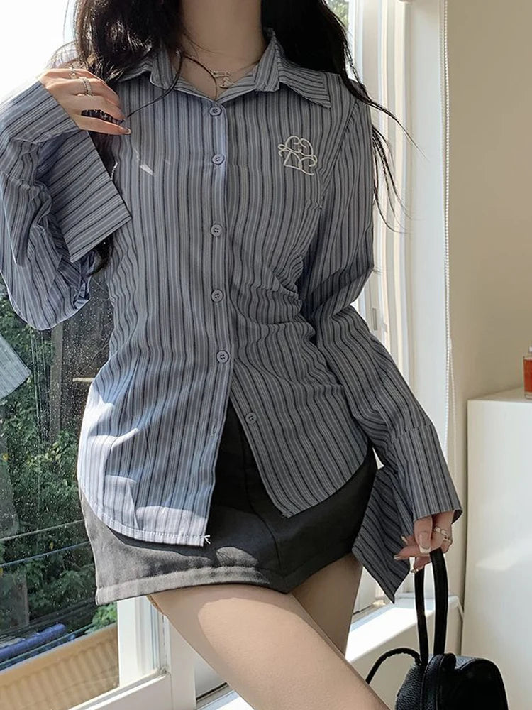 Lunivop Harajuku Retro Striped Shirt Women Korean Fashion Slim Embroidery Blouse Preppy Style All Match Long Sleeve Casual Tops