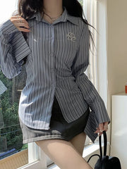 Lunivop Harajuku Retro Striped Shirt Women Korean Fashion Slim Embroidery Blouse Preppy Style All Match Long Sleeve Casual Tops