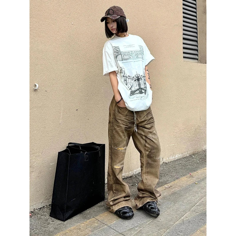 Lunivop Y2K Wide Leg Baggy Female Pants Harajuku Vintage High Waist Loose Jeans 2024 Spring Women's Casual Street Style Denim Trouser