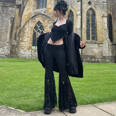 Lunivop Goth Mall Flare Pants Sexy Black Lace Patchwork High Waist Vintage Harajuku Hippie Punk Grunge Streetwear  Y2k Pants