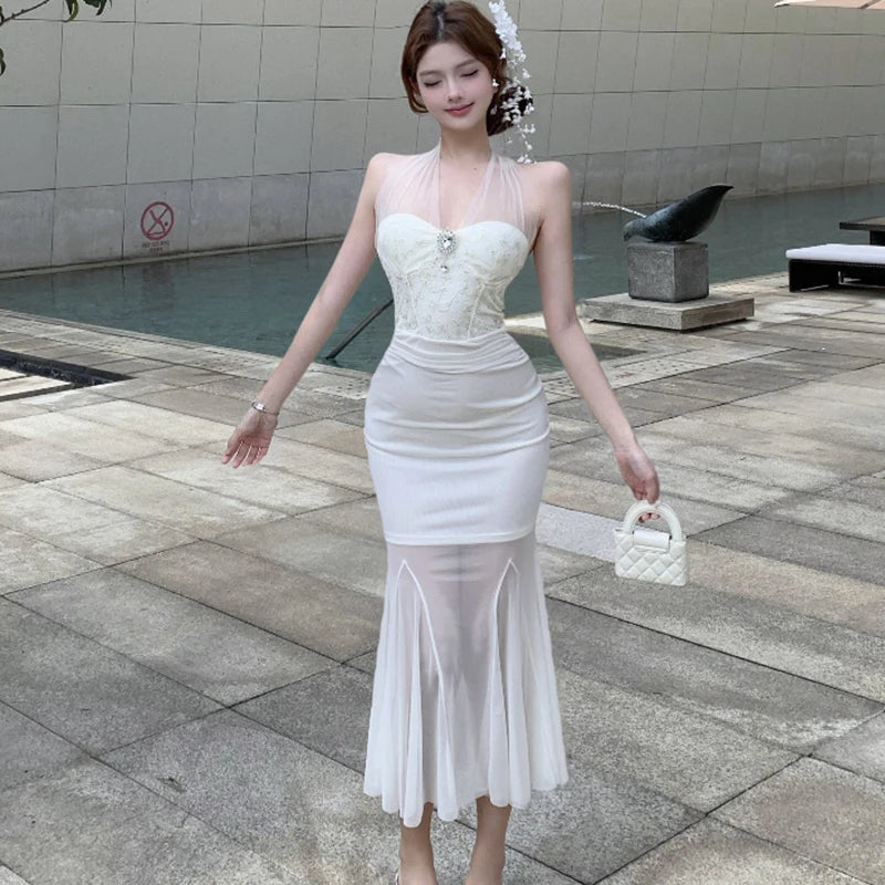 Lunivop  Summer White Mesh Patchwork Ruffled Mermaid Dress Women Elegant Diamonds Neck-mounted Sexy Dress 2025 Korean Luxury Party Dress
