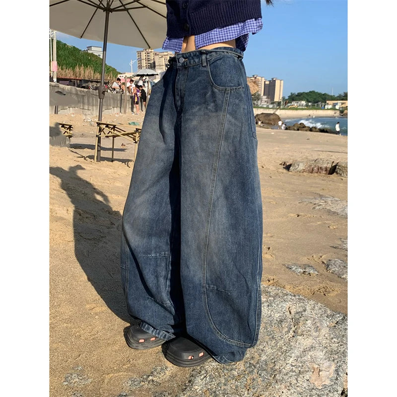 Lunivop Blue Womens Jeans High Waist Vintage Design Hip Hop Straight Baggy Denim Pants Street Y2K American Style Wide Leg Denim Trouser