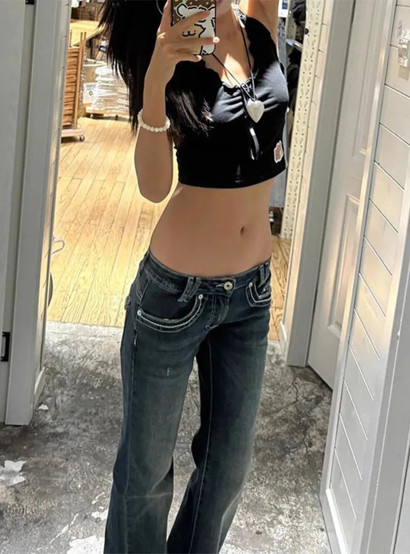 Lunivop Retro High Street Low-Waisted Jeans Women 2025 New All-Match Y2K Denim Trousers Female Sexy Slim Fit  Streetwear Flares Pants