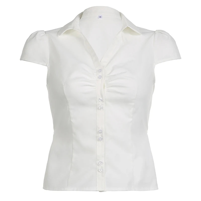 Lunivop  Vintage Folds Crop Top White Button Up Short Sleeve Blouse Women Bandage Korean Fashion T-shirt Casual Streetwear y2k Tee