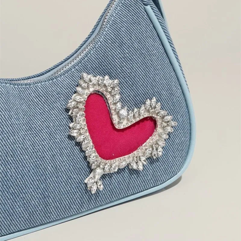 Lunivop Retro Denim Y2k Bags Purse Women Harajukuu Heart Rhinestone Zipper Casual Shoulder Bags Ladies Vintage Trendy Handbag