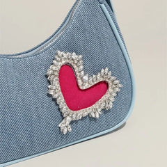 Lunivop Retro Denim Y2k Bags Purse Women Harajukuu Heart Rhinestone Zipper Casual Shoulder Bags Ladies Vintage Trendy Handbag