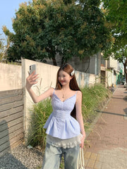 Lunivop  striped Camis Women Strapless Backless Slim Summer Fashion V Neck Ruffles Patchwork Female Crop Tank Tops Casual Party
