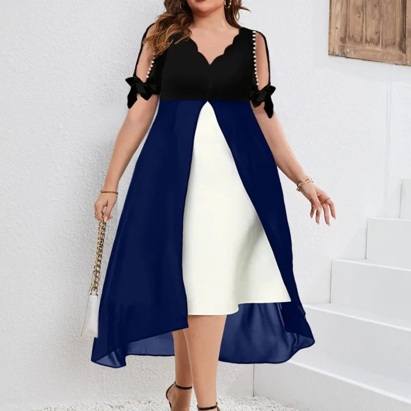 Lunivop  Spring and Summer New Women's V-Neck Patchwork Fake Two-Piece Irregular Sleeve Dress