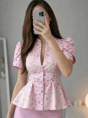 Lunivop  Elegant Printed Women's Blazer Short Puffed Sleeve V-Neck Single-Breasted Lady Top Summer Chic Female Street Blazers New