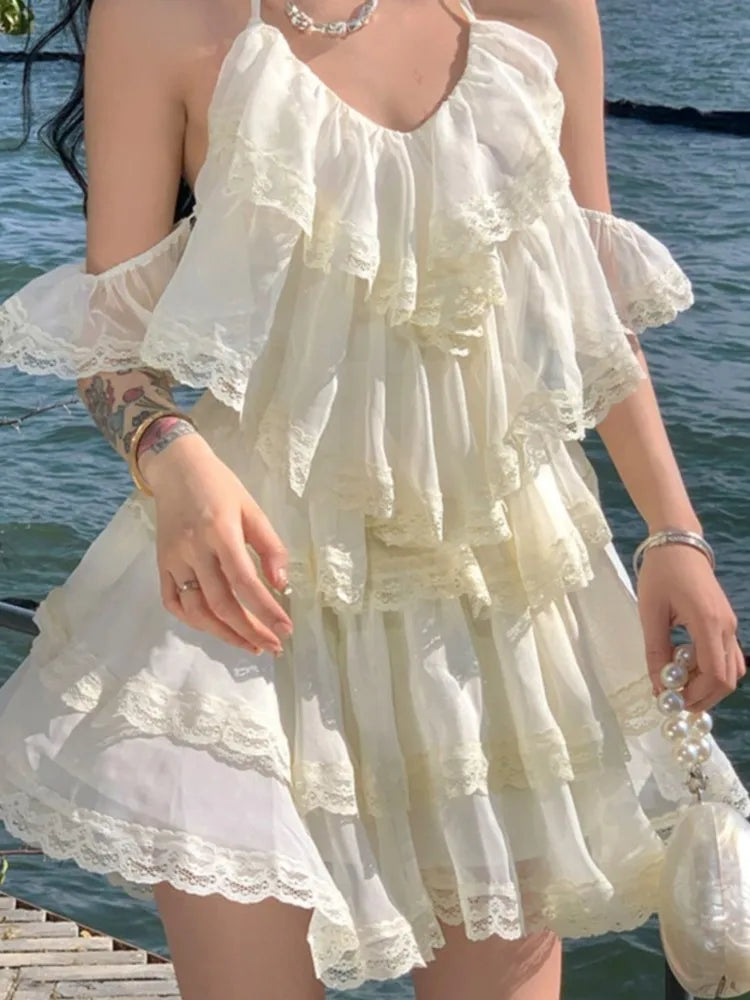 Lunivop  Basics Sweet Beige Long Dresess Ruffled Hdiday Straps Short V-Neck Dress Spring Summer Holiday midi elbiseler Vestidos New