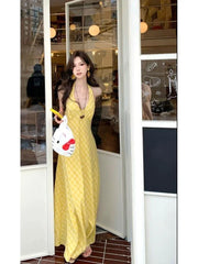 Lunivop Elegant Sweet V-neck Long Dress Women Butter Yellow Casual Sexy Beach Midi Dresses Korean Style Lace Up Dress Backless