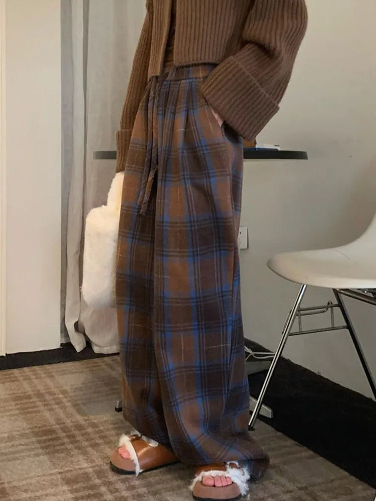 Lunivop Faux Woolen Warm Plaid Pants Women Vintage Harajuku High Waist Wide Leg Trousers Streetwear Retro Loose Casual Fall Winter Pant