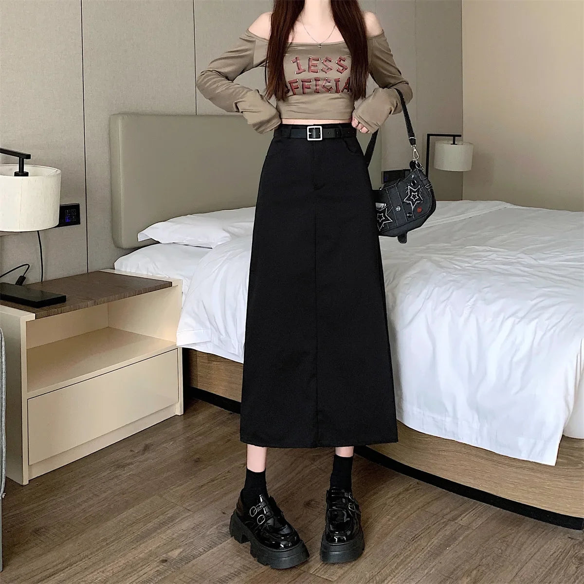 Lunivop High-waisted Slimming Skirt Greysuit Women's Lightweight Casual A- line Medium-length Dress