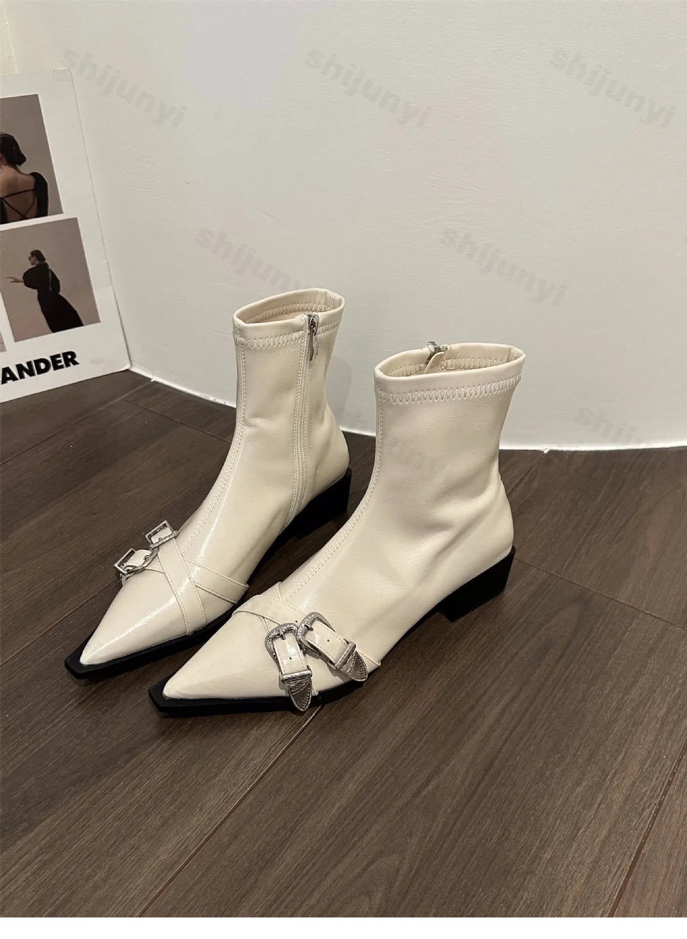 Lunivop Autumn Women Ankle Boots New Fashion Pointed Toe Ladies Designer Buckle Short Boot Square Low Heel Casual Women's Footwear