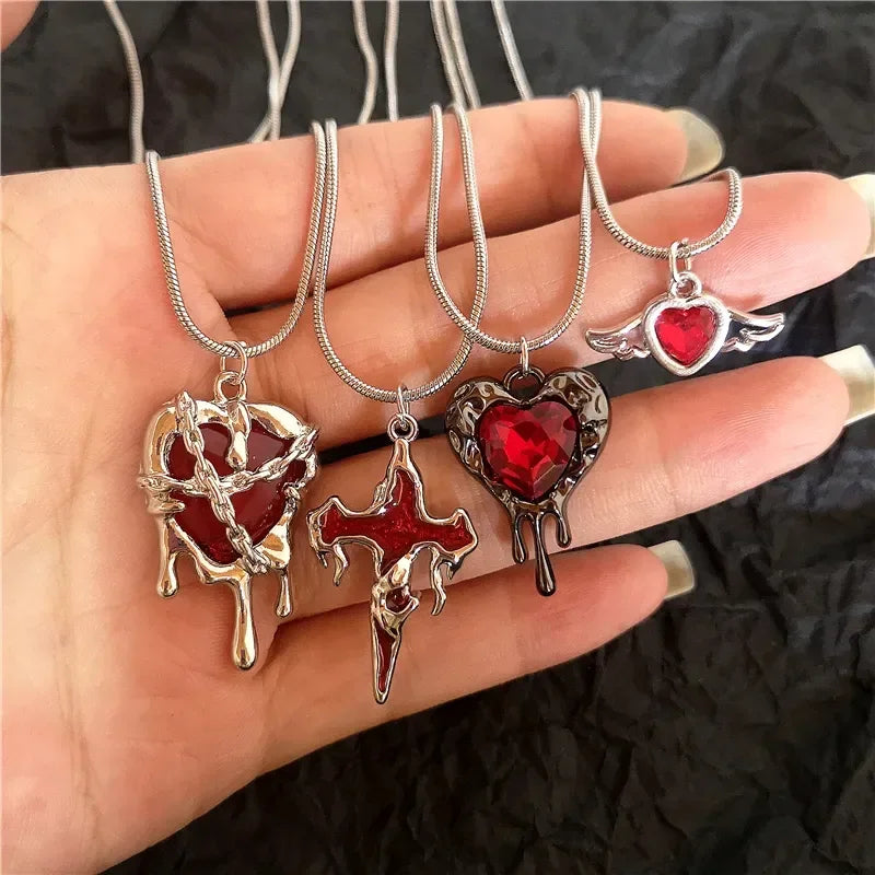 Lunivop Gothic Punk Red Irregular Heart Cross Pendant Charm Choker Necklace For Women Egirl Men Y2K EMO Aesthetic Vintage Grunge Jewelry