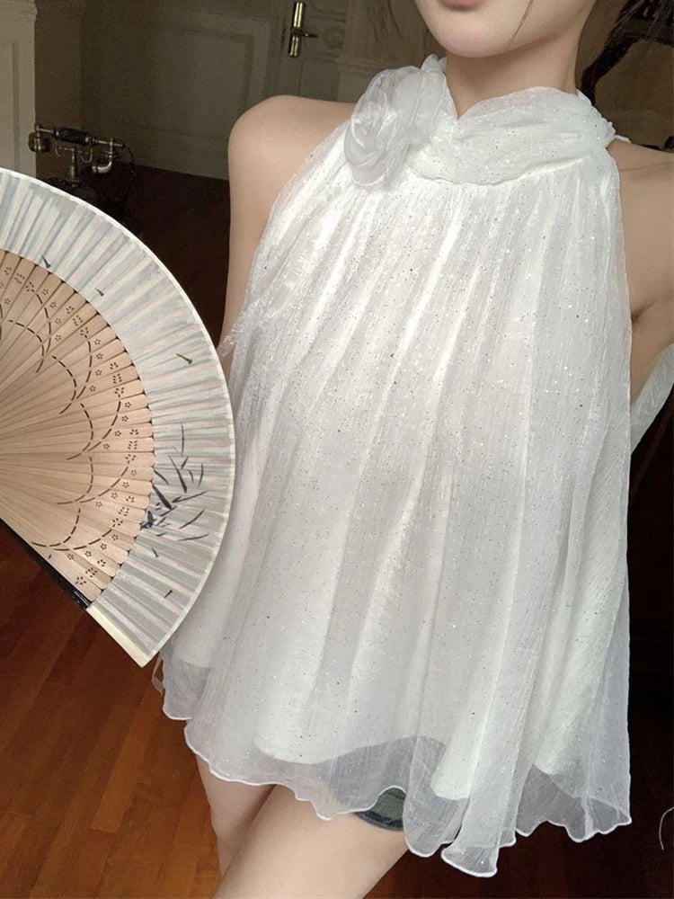 Lunivop  3D Floral White Mesh Tanks Women Loose Elegant Sweet Halter Tanks Casual Fashion Female Summer Korean Sleeveless Chic Tops