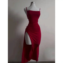 Lunivop Women Sexy Red Party Midi Dress Lace-up Irregular Split Long Dress Summer Halter Strap Spice Girl Bag Hip Clothes Solid