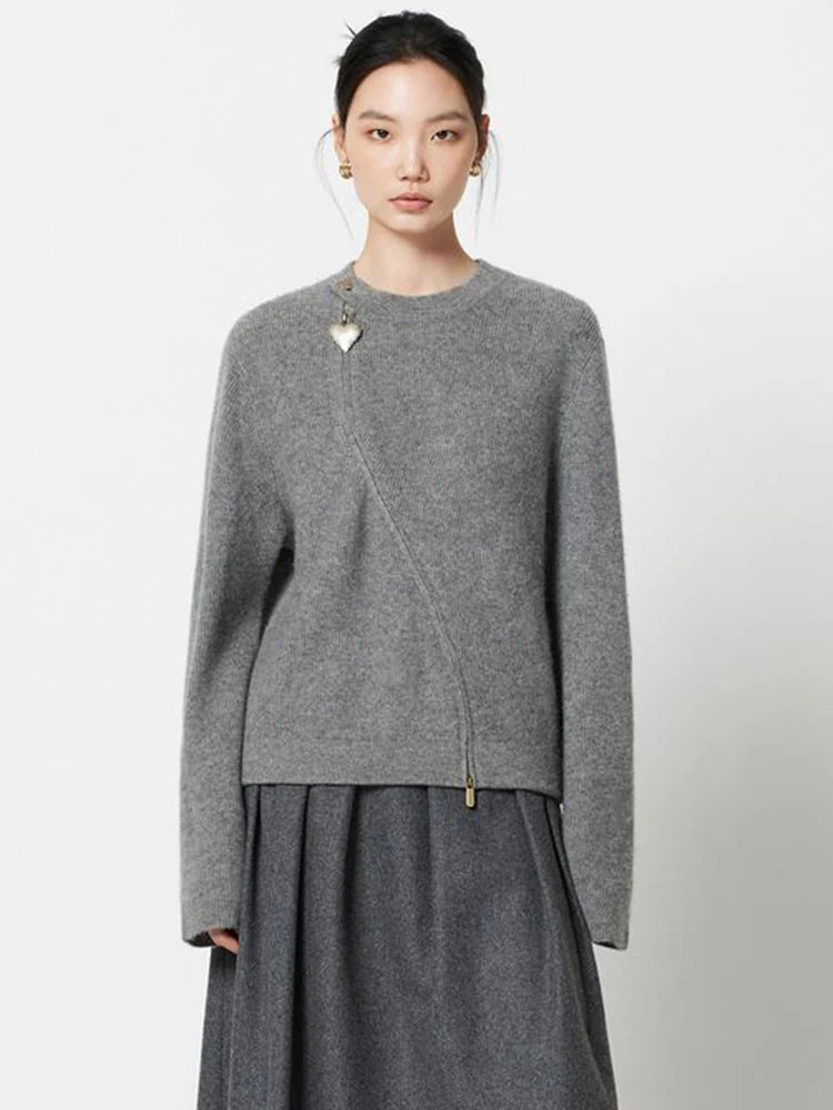 Lunivop Streetwear Gray Sweaters Women Long Sleeve Vintage O Neck Love Zipper Knitted Cardigan Casual Retro Korean Female Tops Fall