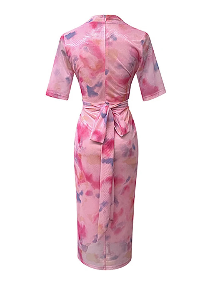 Lunivop  Korean Fashion Bodycon Bow Bandage Long Dress Summer Pink Print Mesh Casual Dress Women Elegant Chic Festival Party Dresses