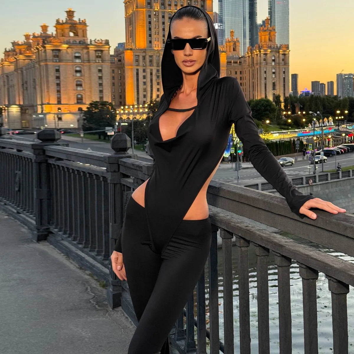 Lunivop Hooded Long Sleeve Hollow Out Backless Long Flare Pant One Piece Jumpsuit Fit Elegant Evening Leggings Casual Clothes