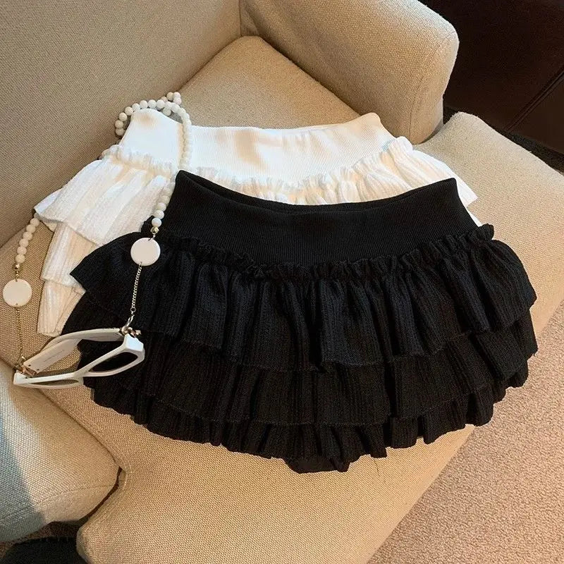 Lunivop Sweet Kawaii Cake Skirts Women Elegant Korean Fashion Ruffle Mini Skirt Harajuku Casual High Waist Solid Layered Skirt