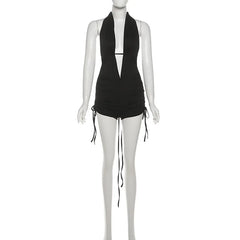 Lunivop  Lace Up Drawstring Ruched Slim Playsuits Women Solid Fashion Sexy Deep V Neck Halter Backless Booty Lifting Rompers Streetwear