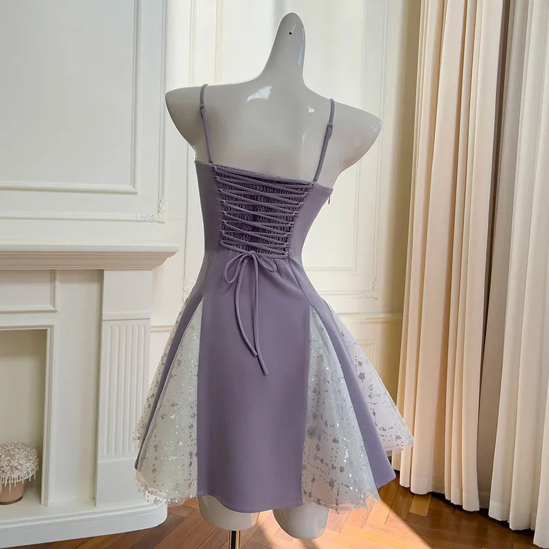 Lunivop  Fashion Women Dress Sleeveless Suspenders Bow Sequined Lace Splicing Female Party Dresses New Tide