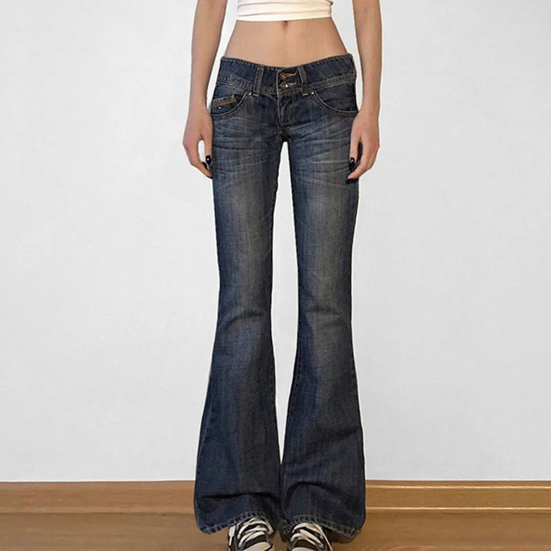 Lunivop American Retro Low Waisted Washed Jeans Women Streetwear Y2K Slim Fit Flared Pants Mujer Fashion Button Pockets Denim Trousers