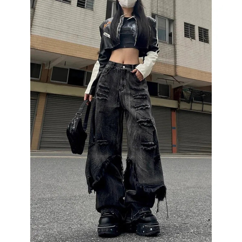 Lunivop Black Jeans Women American Style Y2K 90S Vintage High Waisted Jean Straight Trouser Streetwear Casual Loose Wide Leg Denim Pants