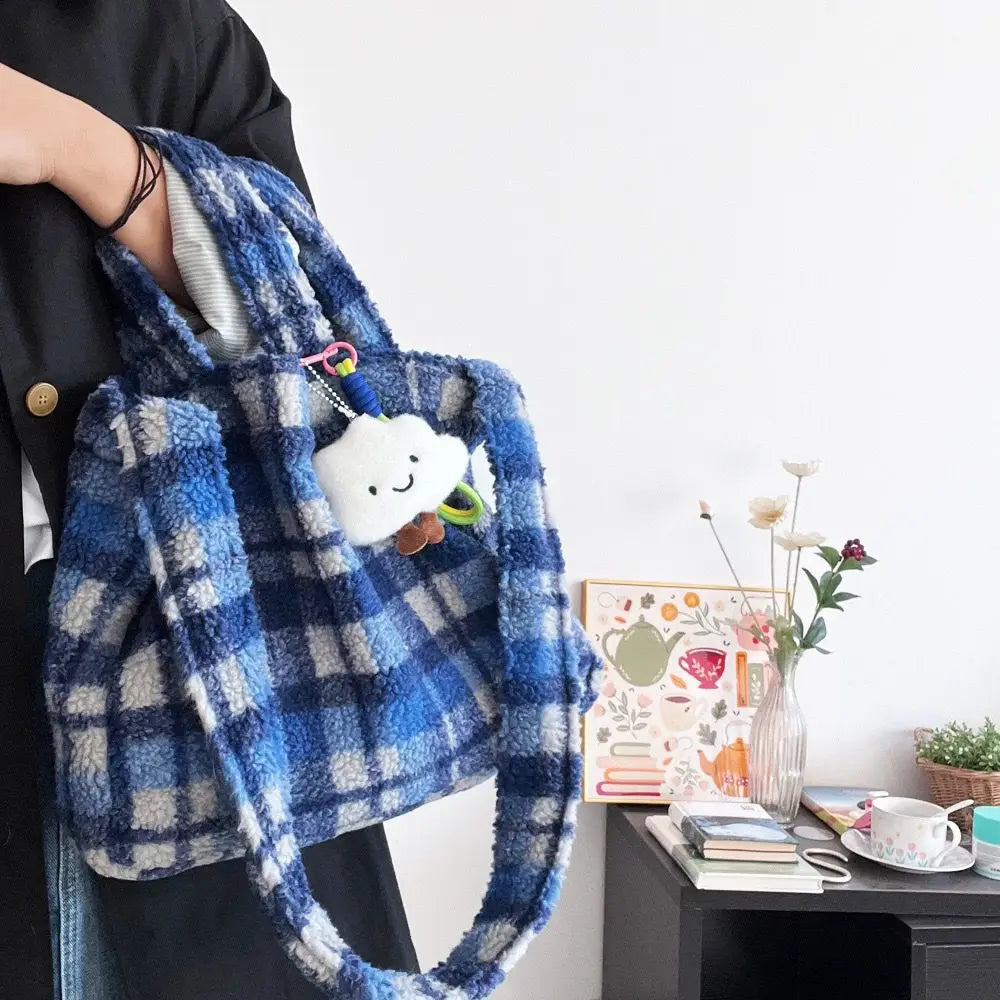 Lunivop   Retro Blue Plaid Tote Bag Women Plush Large Capacity Hand Carry Shoulder Bag Ladies Daily Casual Commuter Crossbody Bags