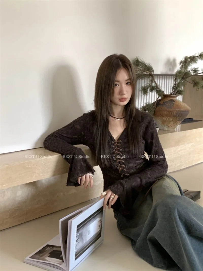Lunivop  Hollow Out Mesh V-neck Lace Up Shirts Women Y2k E-Girl Slim Fit Long Sleeve Blouses 2025 Spring New Black Blusas De Mujer