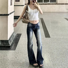 Lunivop  Women Fashion Washed Denim Flares Pants Korean Style Low-Waist Slimming Wide Leg Jeans Female Streetwear Sexy Slim Y2K Trousers