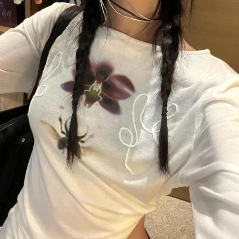 Lunivop Y2k Printed Off Shoulder T-shirt Sweet Transparent White Long Sleeve T-Shirts Korean Fashion Casual Loose Tops Slim Up