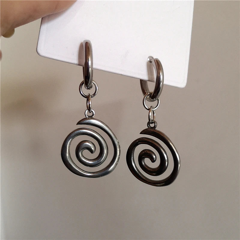 Lunivop Punk Y2k Spiral Vortex Pendant Earrings For Women Men Vintage Stainless Steel Eardrop Jewelry EMO Creative Grunge Accessories