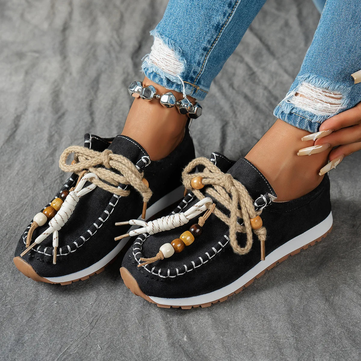 Lunivop  Tribal Beaded Women's Flats Spring Autumn Season round Toe Velvet Material Mid Heel Plain Pattern Large Size Slip-On Shoes