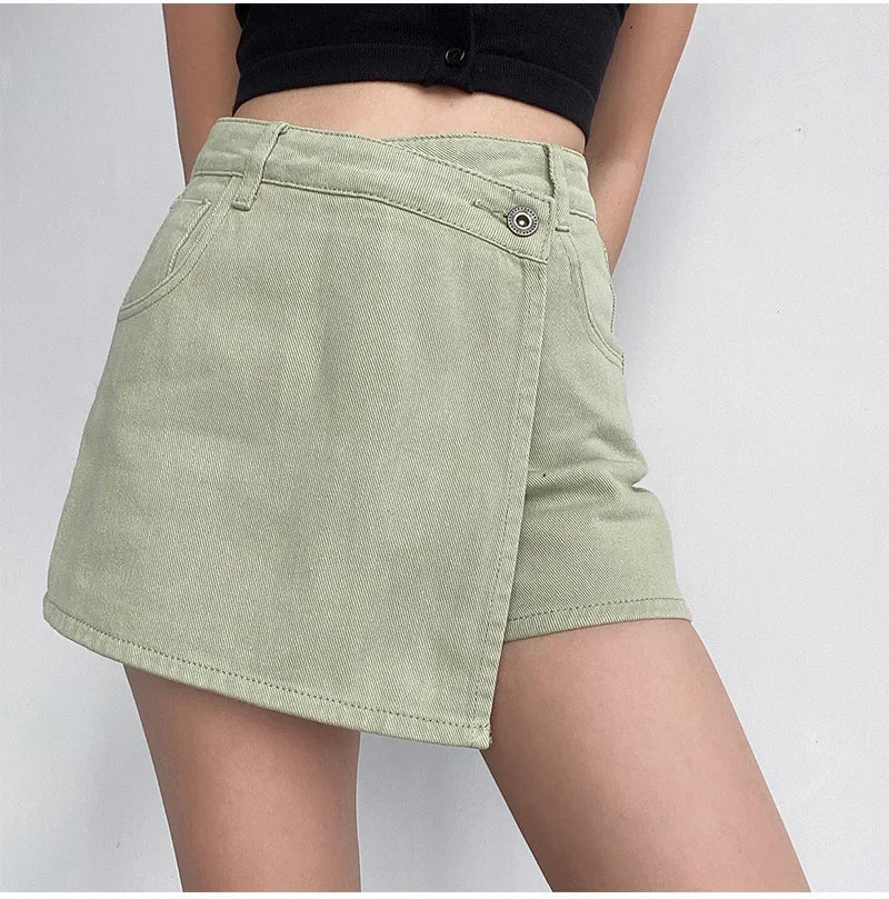 Lunivop Elegant Slimming High-waisted A- line Denim Shorts Women's Summer New 2023 Light Color Two-piece Illusion Design Slim Fit