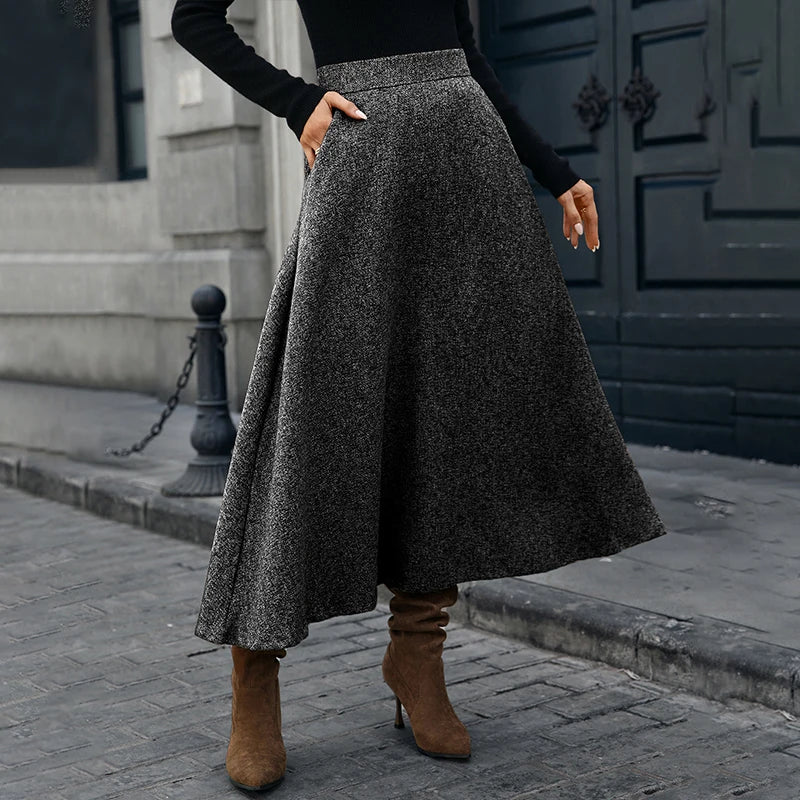 Lunivop  BKLD Elegant Fashionable Women's Solid Color Elastic Waist Pockets Patchwork Woolen Pleated A-line Half Skirt Office Lady Bottom