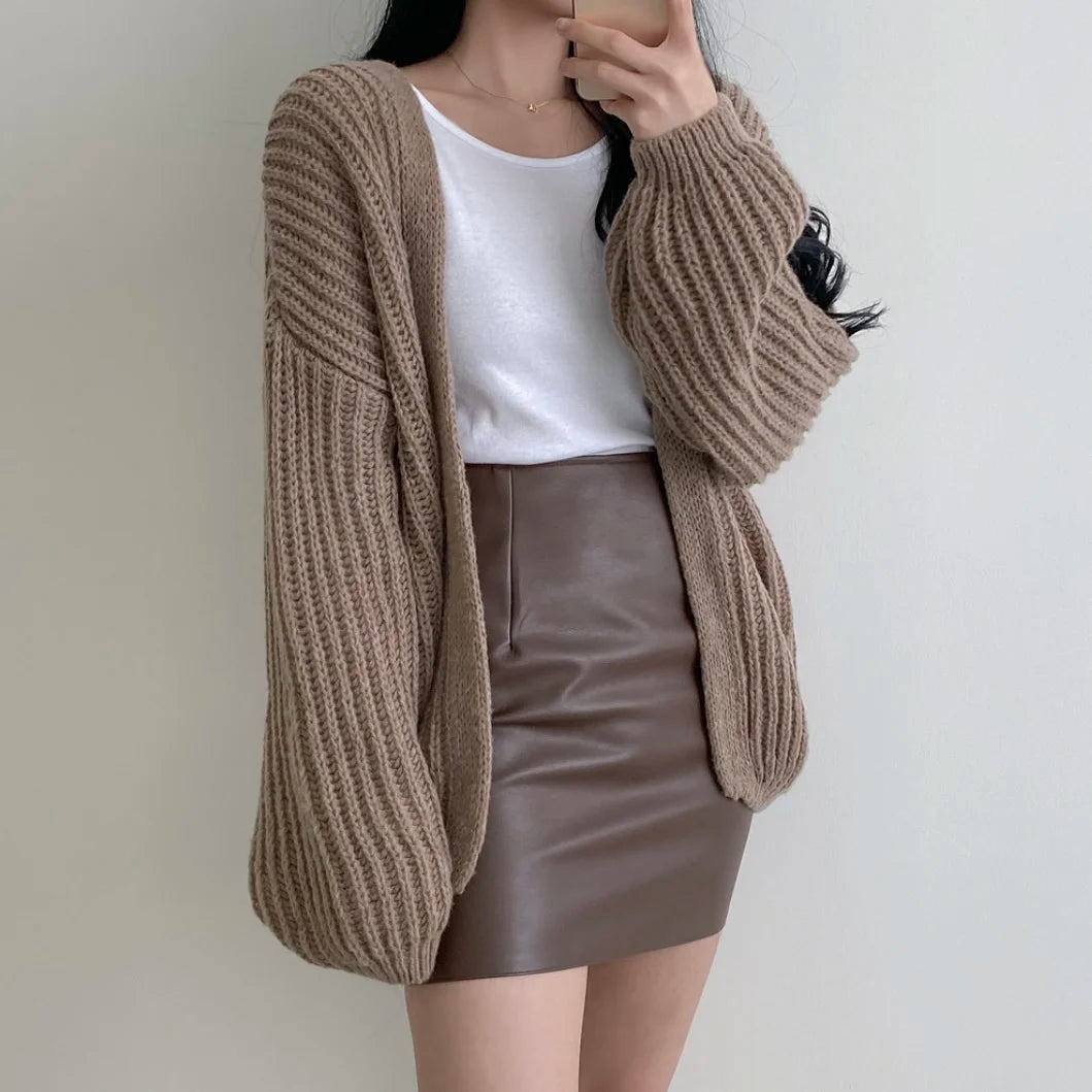 Lunivop Open Front Cardigan for Women Cozy Knit Oversized Open-up Sweater Grey Autumn Winter Teen-girl Casual Daily Outfit