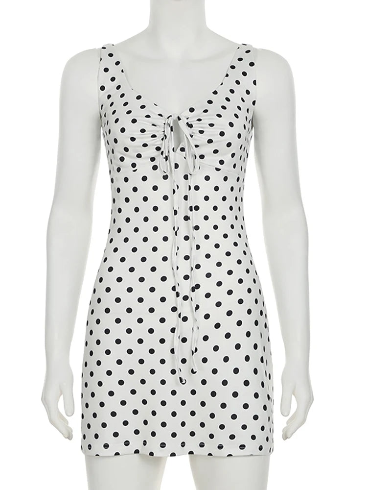 Lunivop Sexy V-neck Print Polka Dot Women Dress White Sleeveless High Waist Dress Female Spring Slim Casual Streetwear Vestidos