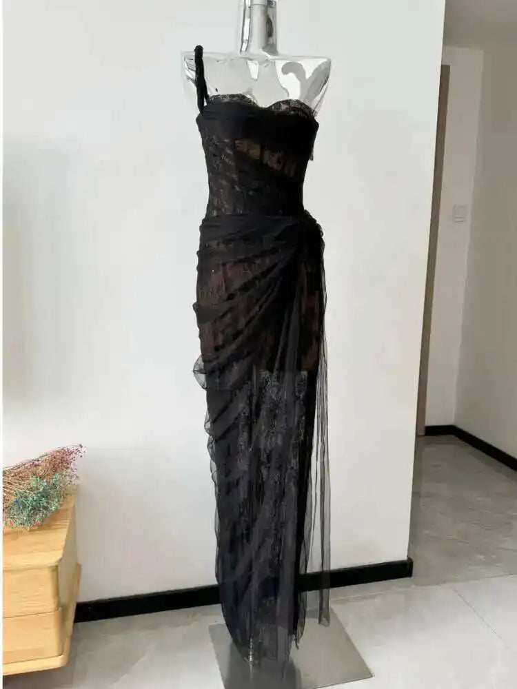 Lunivop Mesh Dress For Vacation,single Straps High Waist Long Vestido,pullover Sheer Fake Two Pieces Party Dresses
