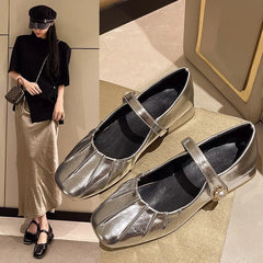 Lunivop Mary Jane Shoes Glossy Leather Ballet Flats Fashion Pleated Low Heel Single Shoes for Women Soft Sole Casual Shoes Size 44