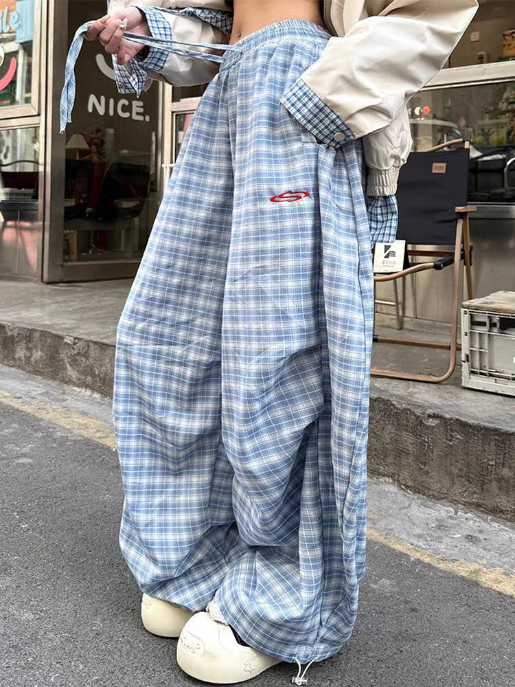 Lunivop  Streetwear Y2K Plaid Pants Women Vintage American High Waist Scimitar Pants Harajuku Oversize Loose Bf Casual Trousers New