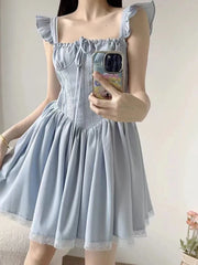 Lunivop  Sweet French Blue Dress Women Elegant Lace Patchwork Retro Sexy Mini Dress Casual Square Collar Flying Sleeve Vestidos New